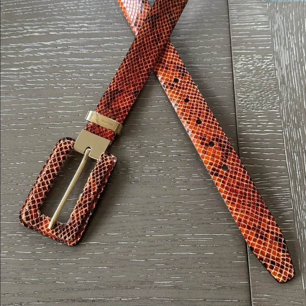Michael Kors Brown Orange Leather Belt with Gold Tone Buckle Snake Print Size L